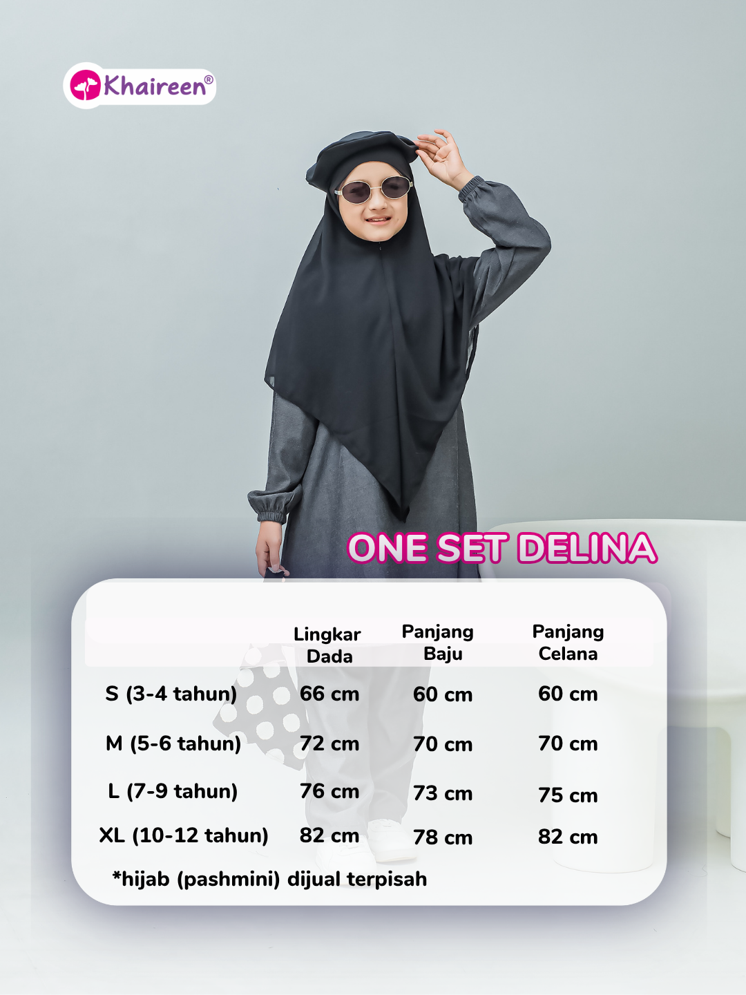 PRE ORDER One Set Delina (3-12 Tahun) Setelan Baju Muslim Celana One Set Panjang Soft Katun Denim Polos Anak Perempuan Casual Semi Jeans