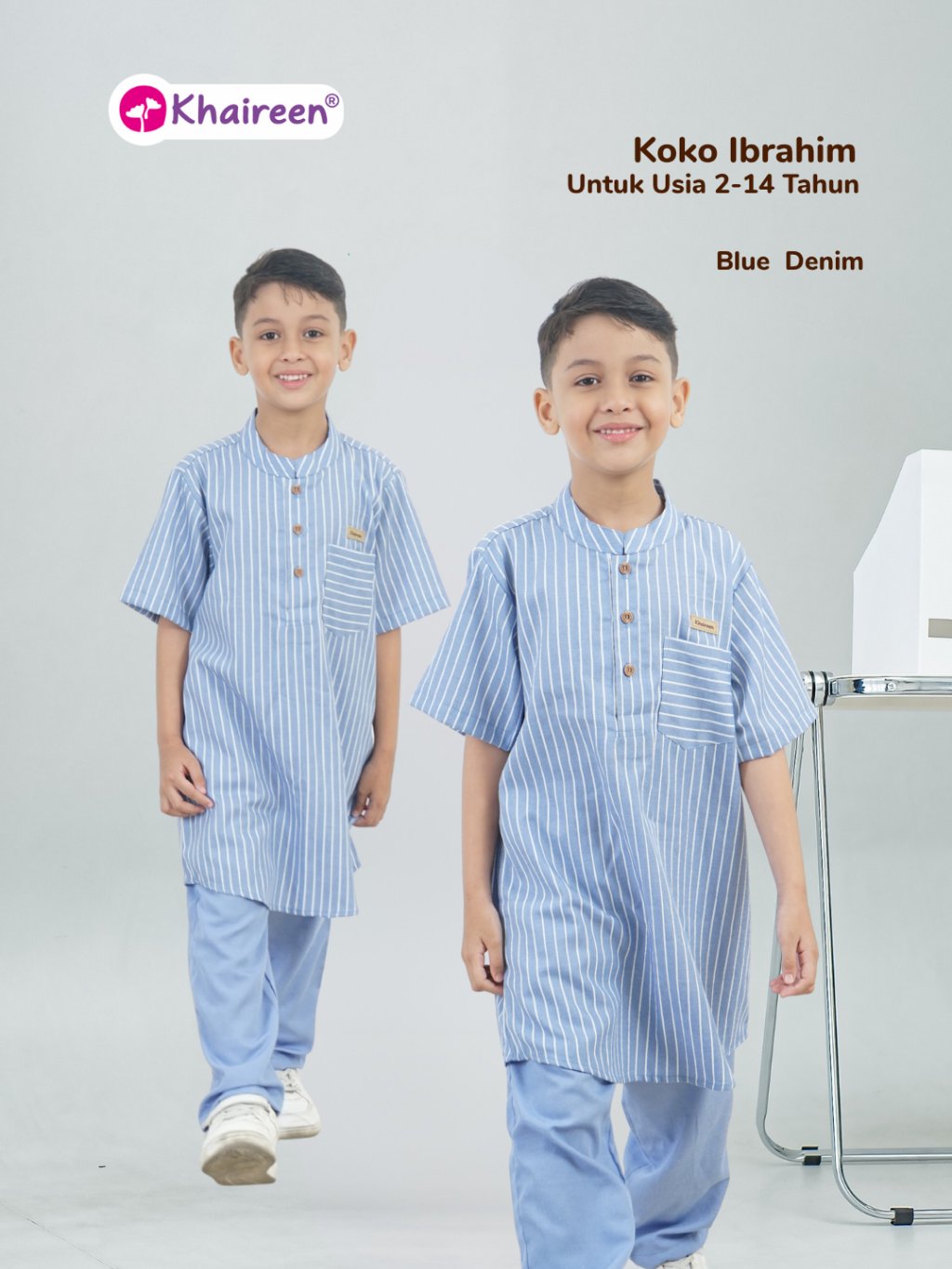 KHAIREEN Koko Ibrahim (2-14 Tahun) Koko Anak Katun Motif Stripe Baju Muslim Anak Laki Laki Casual