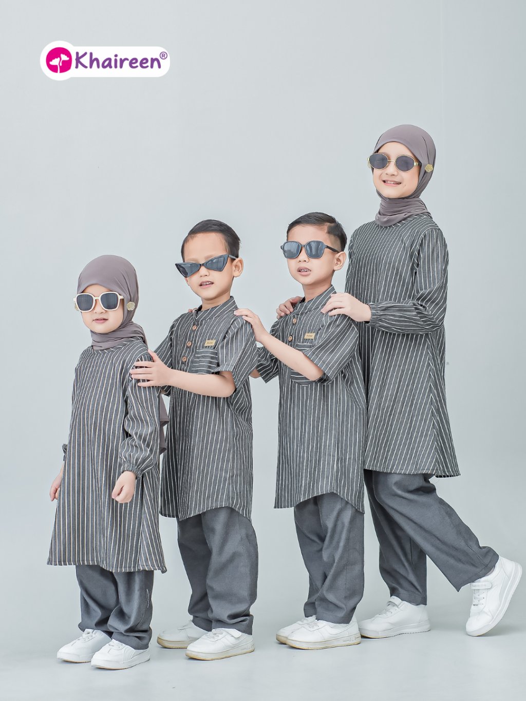 KHAIREEN Koko Ibrahim (2-14 Tahun) Koko Anak Katun Motif Stripe Baju Muslim Anak Laki Laki Casual