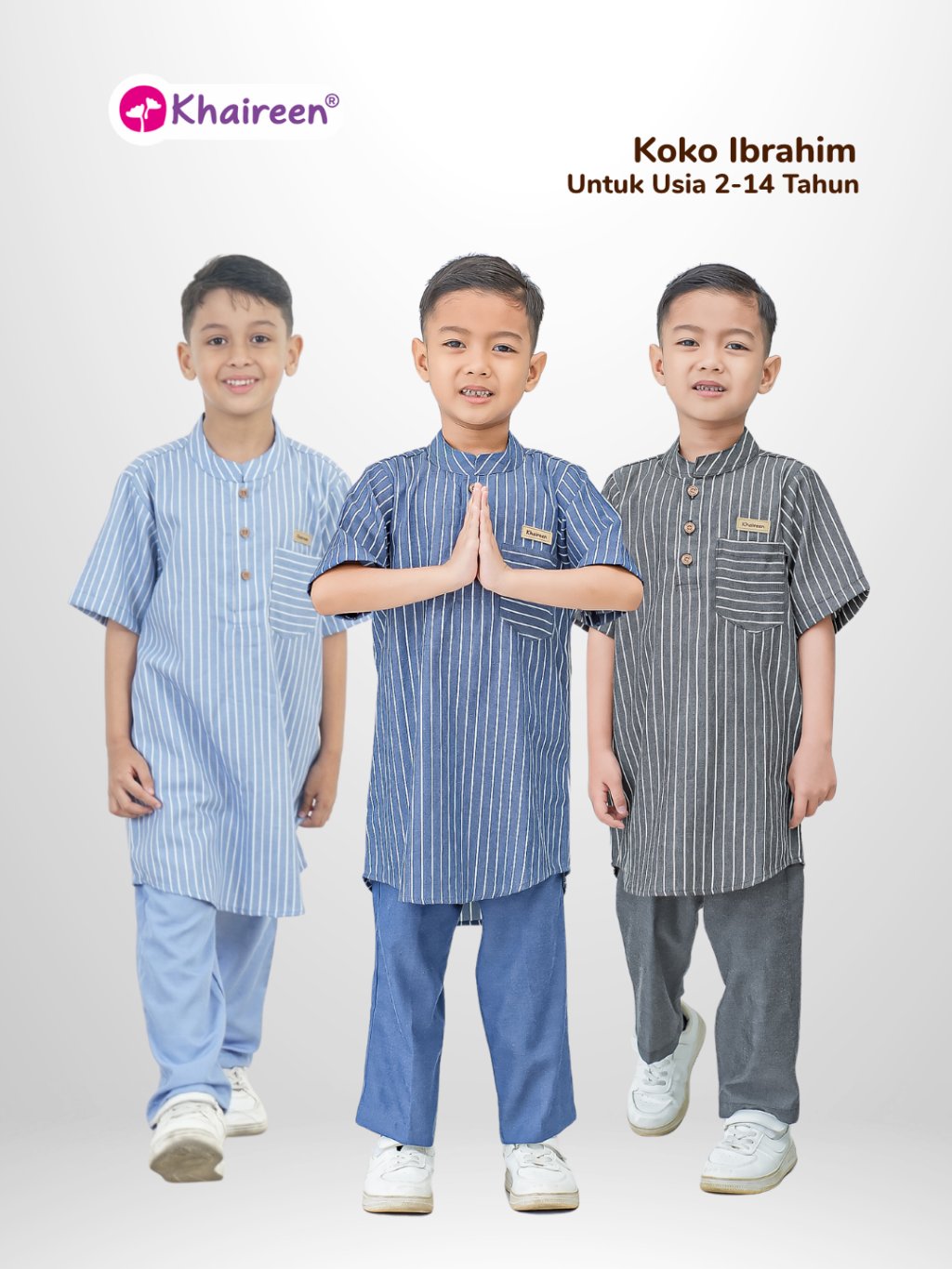 KHAIREEN Koko Ibrahim (2-14 Tahun) Koko Anak Katun Motif Stripe Baju Muslim Anak Laki Laki Casual