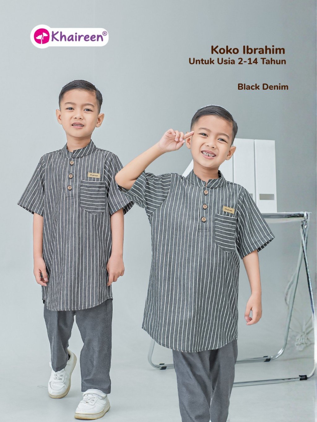 KHAIREEN Koko Ibrahim (2-14 Tahun) Koko Anak Katun Motif Stripe Baju Muslim Anak Laki Laki Casual