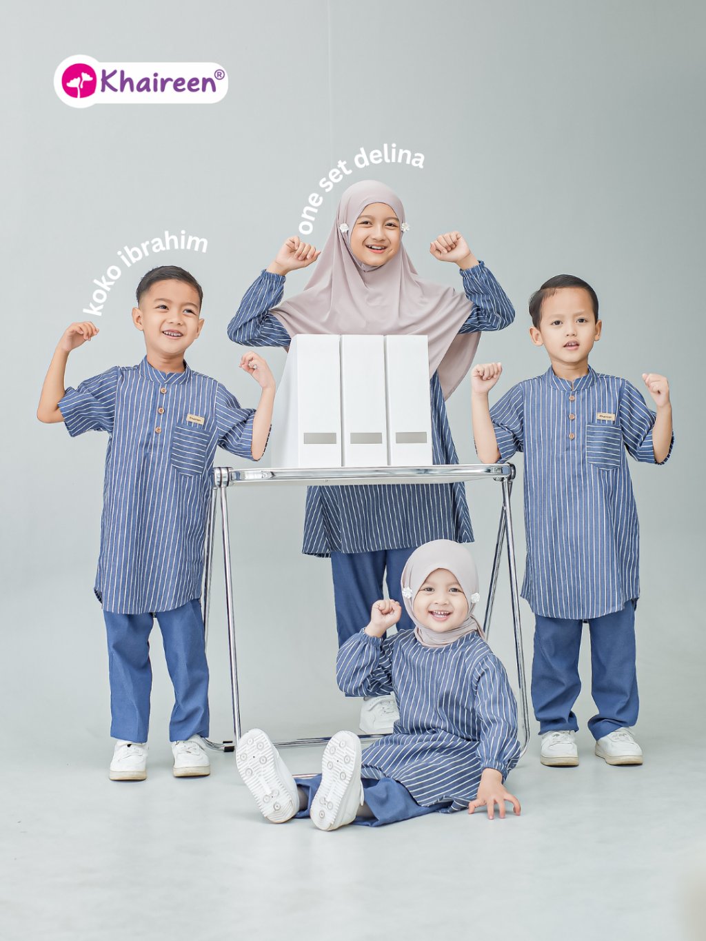 KHAIREEN Koko Ibrahim (2-14 Tahun) Koko Anak Katun Motif Stripe Baju Muslim Anak Laki Laki Casual