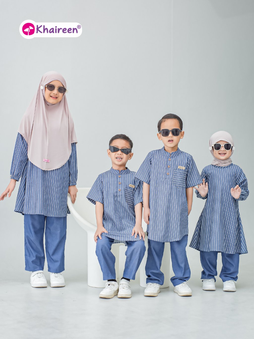 KHAIREEN Koko Ibrahim (2-14 Tahun) Koko Anak Katun Motif Stripe Baju Muslim Anak Laki Laki Casual