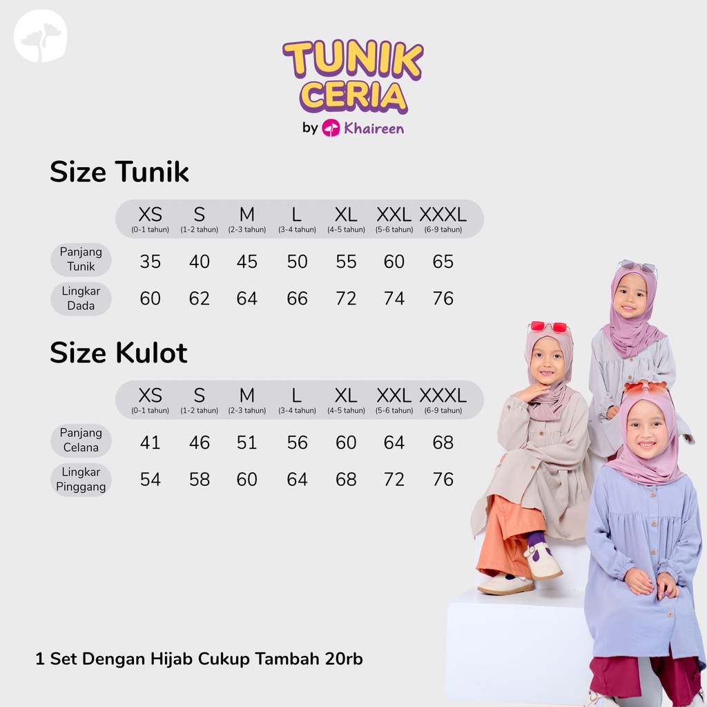 KHAIREEN Tunik Ceria Set Hijab (0-9 Tahun) Tunik anak Set Hijab Crinkle Mix Katun Toyobo