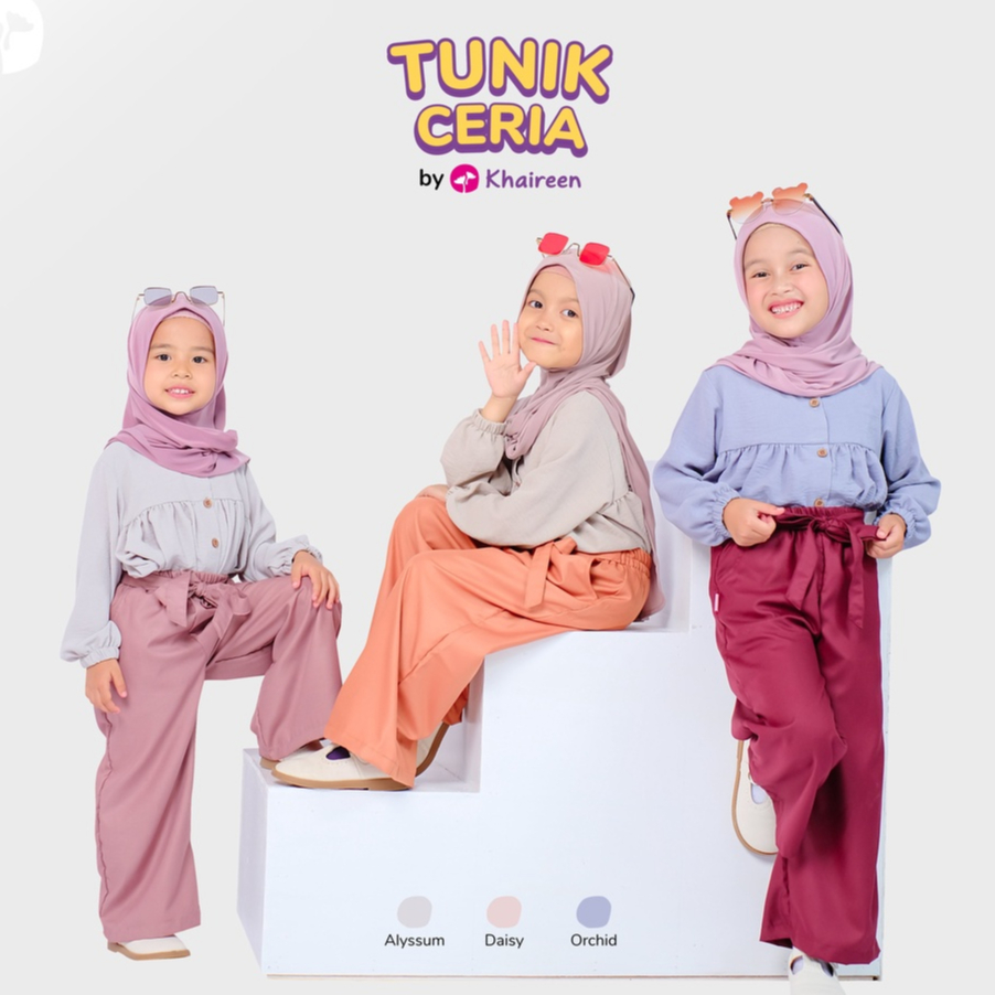 KHAIREEN Tunik Ceria Set Hijab (0-9 Tahun) Tunik anak Set Hijab Crinkle Mix Katun Toyobo