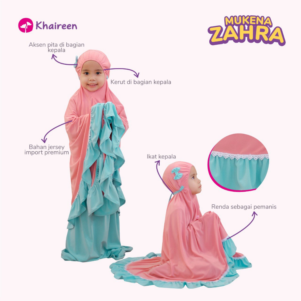 KHAIREEN Mukena Zahra (1-8 Tahun) Mukena Anak Polos Jersey Premium Adem Mukena PAUD TK SD
