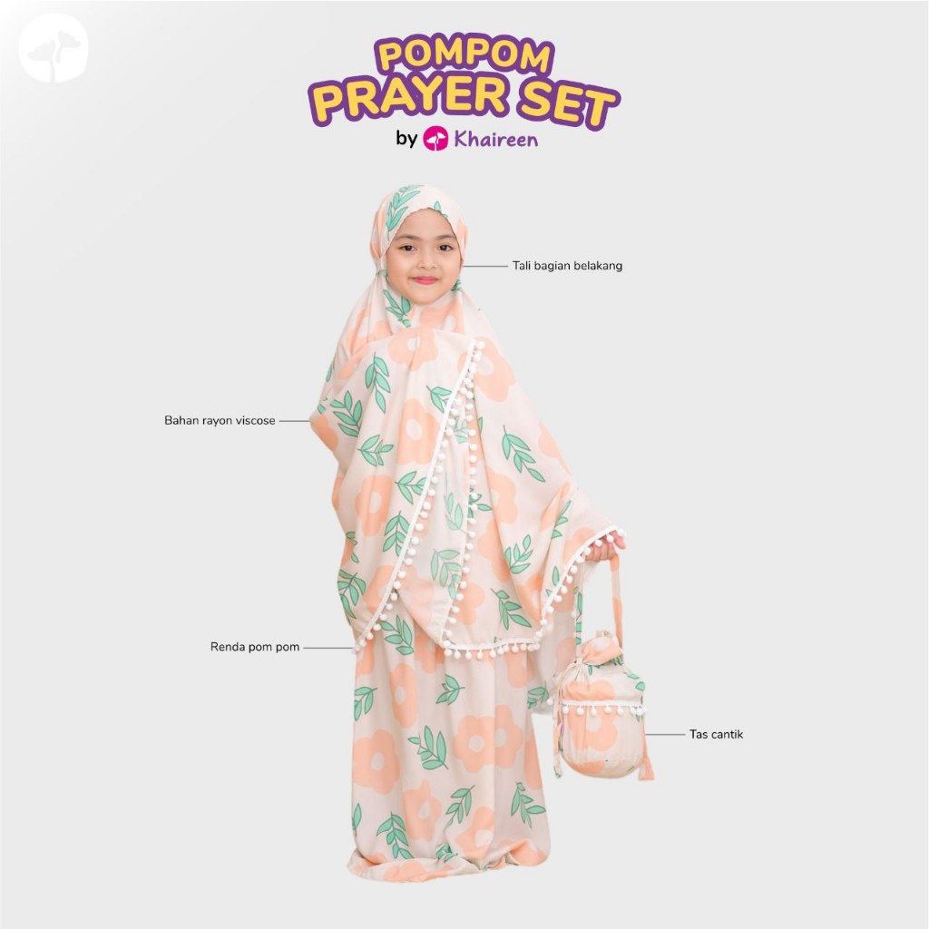 KHAIREEN Pompom Prayer Set (1-9 Tahun) Mukena Anak Katun Rayon Adem