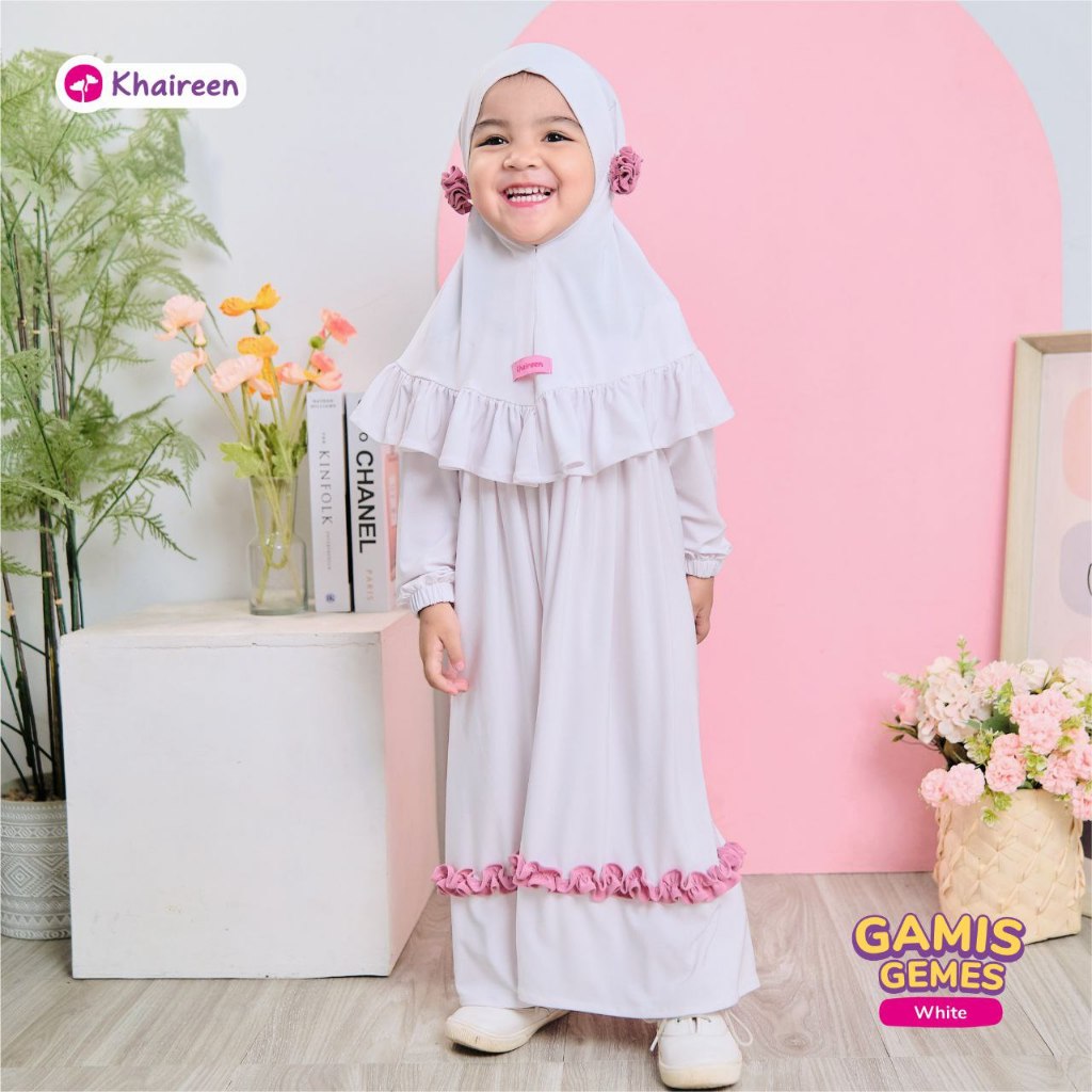 KHAIREEN Gamis Set Hijab Putih Adem Anak Sekolah (0-10 Tahun) Baju Manasik Haji Putih Anak TK Paud SD