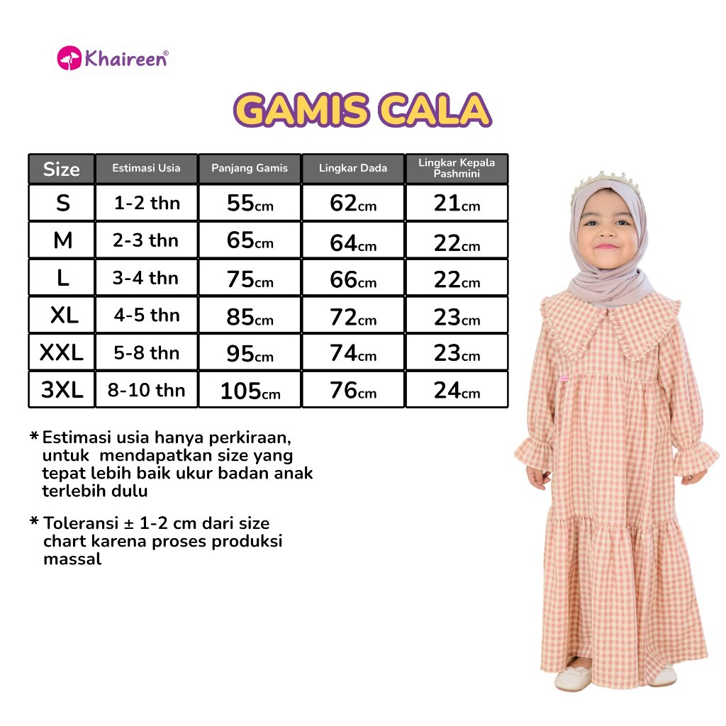 KHAIREEN Gamis Cala (1-10 Tahun) Gamis Anak Set Hijab Gamis Anak Katun Gamis Anak Motif Kotak