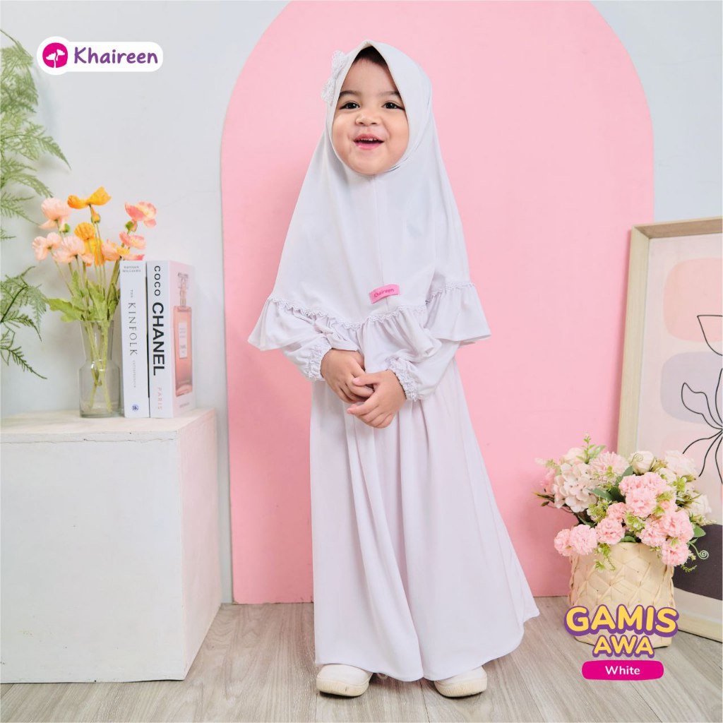 KHAIREEN Gamis Set Hijab Putih Adem Anak Sekolah (0-10 Tahun) Baju Manasik Haji Putih Anak TK Paud SD