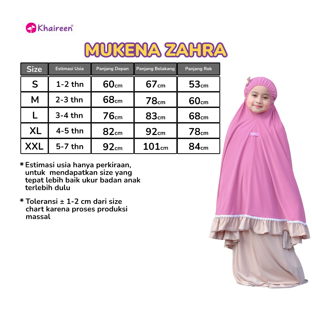 KHAIREEN Mukena Zahra (1-8 Tahun) Mukena Anak Polos Jersey Premium Adem Mukena PAUD TK SD