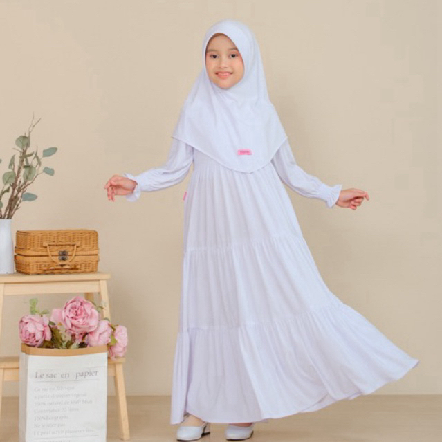 KHAIREEN Gamis Set Hijab Putih Adem Anak Sekolah (0-10 Tahun) Baju Manasik Haji Putih Anak TK Paud SD