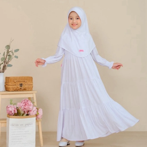 Image of KHAIREEN Gamis Set Hijab Putih Adem Anak Sekolah (0-10 Tahun) Baju Manasik Haji Putih Anak TK Paud SD