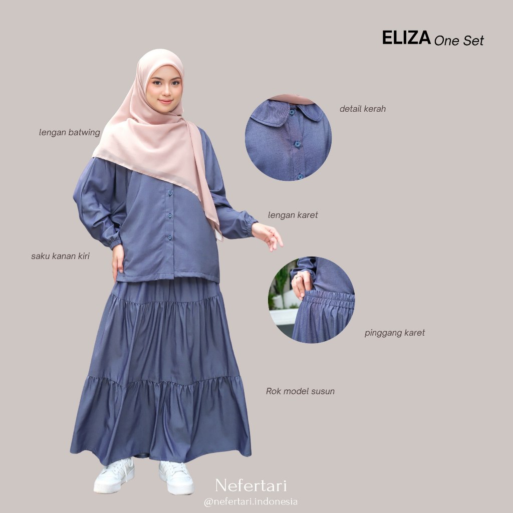 NEFERTARI One Set Eliza Gamis 2 in one Baju Setelan Rok Wanita Busui Friendly Lengan Karet Bahan Katun Rayon Twill Bahan Denim Premium Outfit Muslimah Modis Daily Wear Casual Elegan