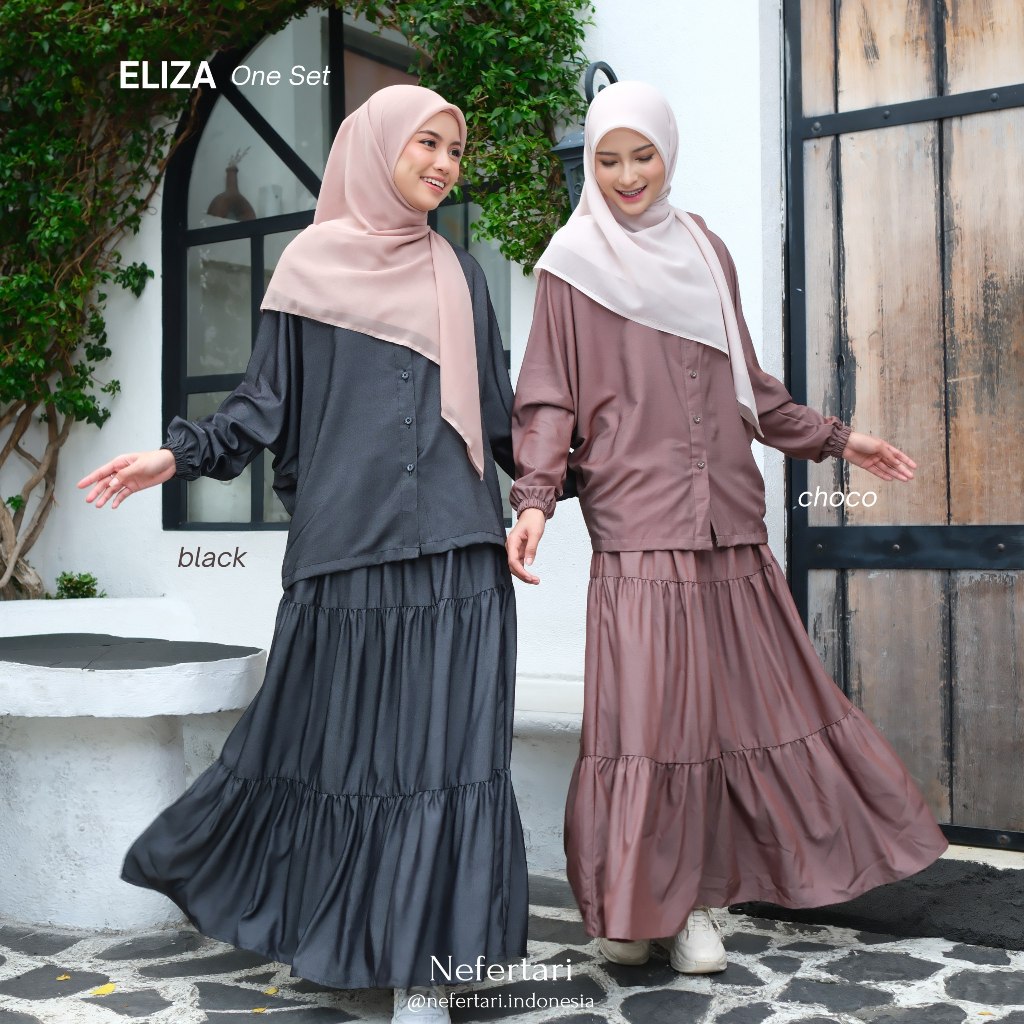 NEFERTARI One Set Eliza Gamis 2 in one Baju Setelan Rok Wanita Busui Friendly Lengan Karet Bahan Katun Rayon Twill Bahan Denim Premium Outfit Muslimah Modis Daily Wear Casual Elegan