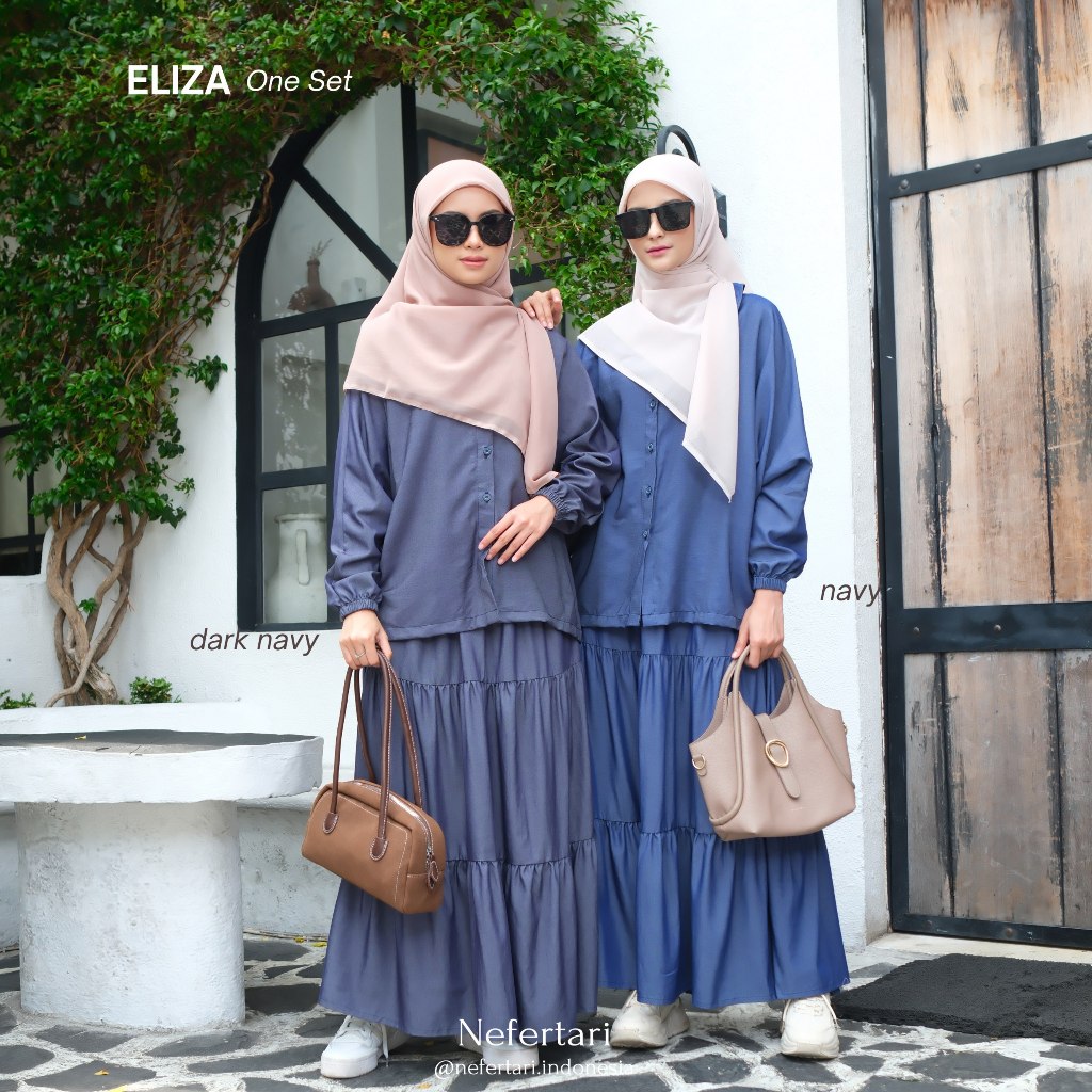 NEFERTARI One Set Eliza Gamis 2 in one Baju Setelan Rok Wanita Busui Friendly Lengan Karet Bahan Katun Rayon Twill Bahan Denim Premium Outfit Muslimah Modis Daily Wear Casual Elegan