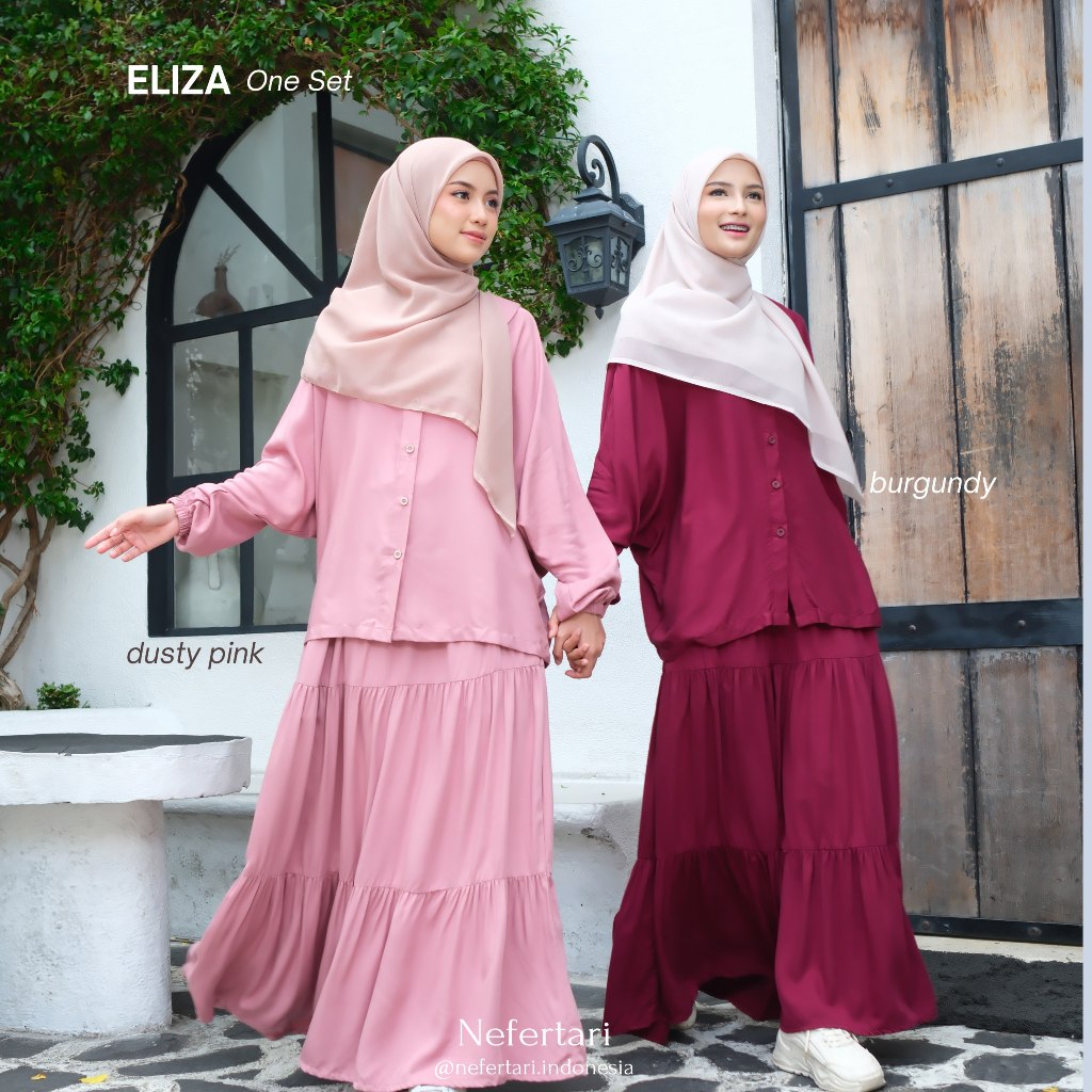 NEFERTARI One Set Eliza Gamis 2 in one Baju Setelan Rok Wanita Busui Friendly Lengan Karet Bahan Katun Rayon Twill Bahan Denim Premium Outfit Muslimah Modis Daily Wear Casual Elegan