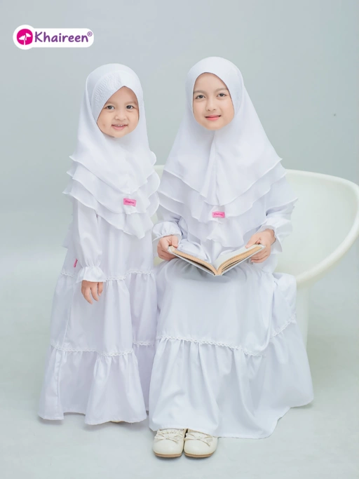 KHAIREEN Gamis Athira (3-14 Tahun) Gamis Anak Set Hijab Gamis Katun Putih Polos Sekolah Anak SD