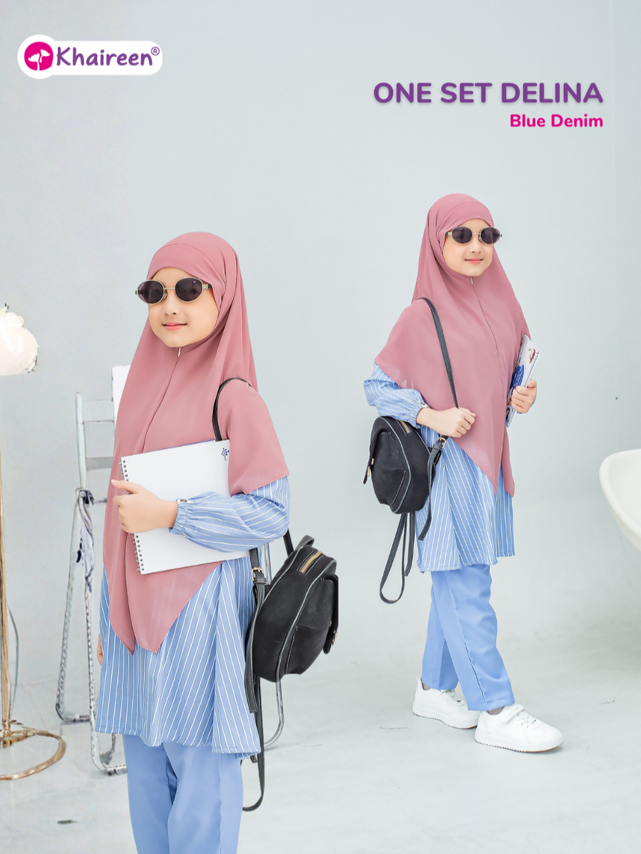 KHAIREEN One Set Delina (3-12 Tahun) Setelan Baju Muslim Celana One Set Panjang Soft Katun Denim Motif Stripe Anak Perempuan Casual Semi Jeans
