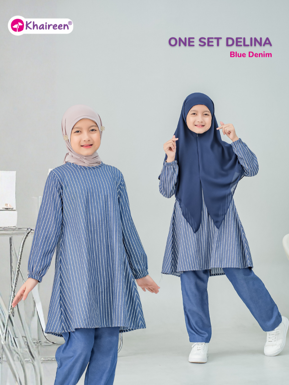 KHAIREEN One Set Delina (3-12 Tahun) Setelan Baju Muslim Celana One Set Panjang Soft Katun Denim Motif Stripe Anak Perempuan Casual Semi Jeans