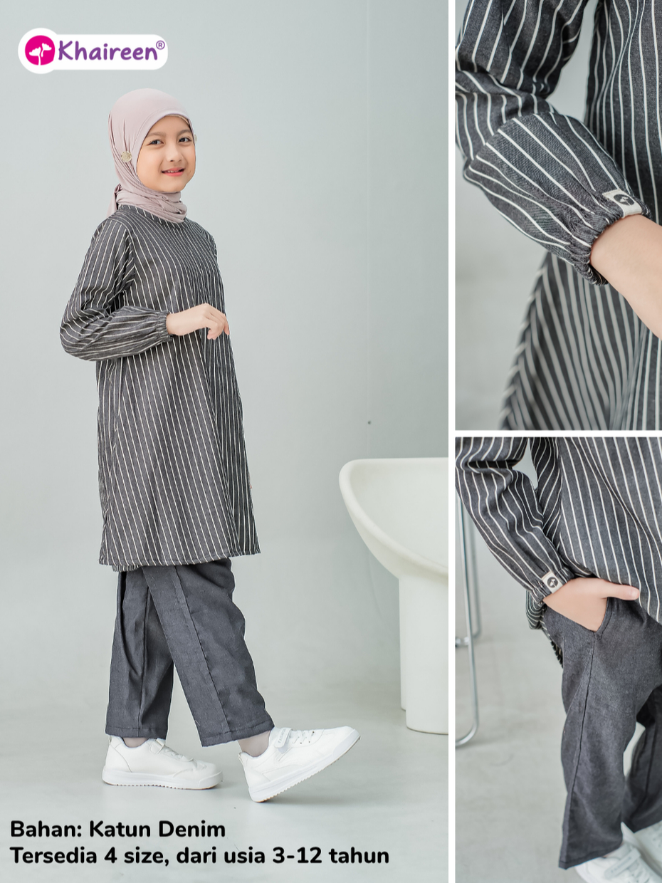 KHAIREEN One Set Delina (3-12 Tahun) Setelan Baju Muslim Celana One Set Panjang Soft Katun Denim Motif Stripe Anak Perempuan Casual Semi Jeans