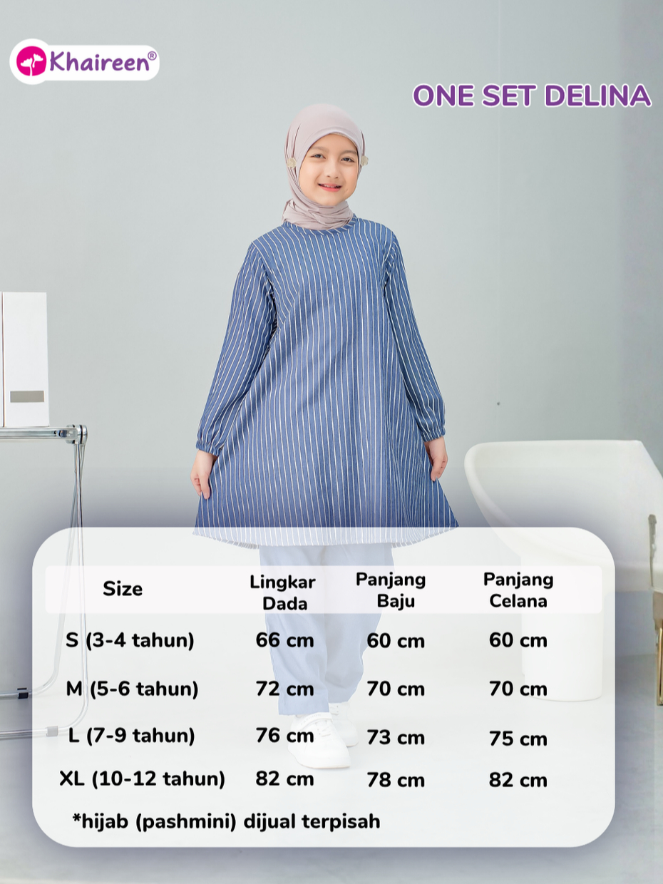 KHAIREEN One Set Delina (3-12 Tahun) Setelan Baju Muslim Celana One Set Panjang Soft Katun Denim Motif Stripe Anak Perempuan Casual Semi Jeans