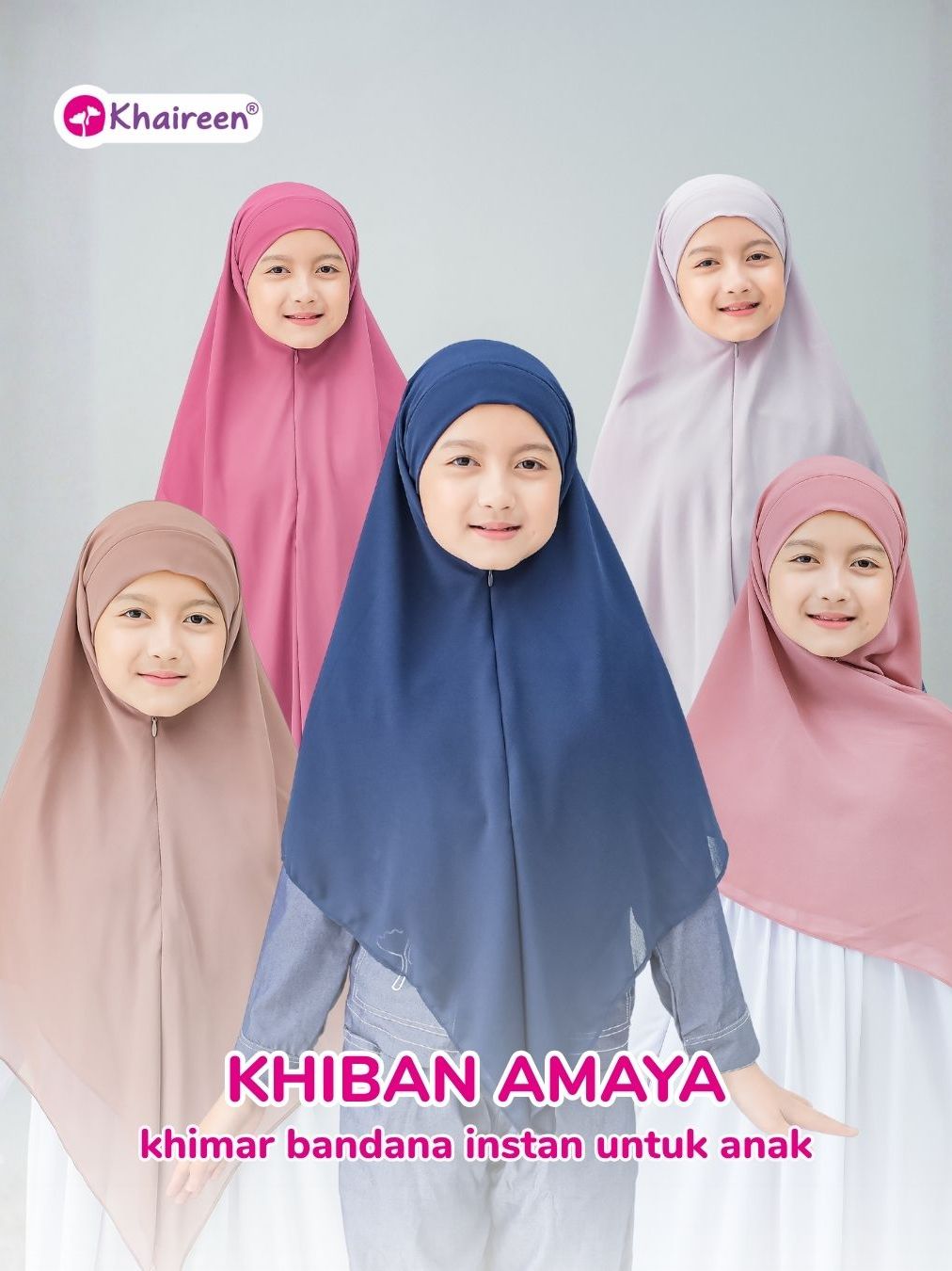 KHAIREEN Khiban Amaya (8-12 Tahun) Hijab Syari Anak Perempuan Khimar Bandana Instan Cerruti Premium Resleting Dagu Usia 8-14 tahun SD SMP