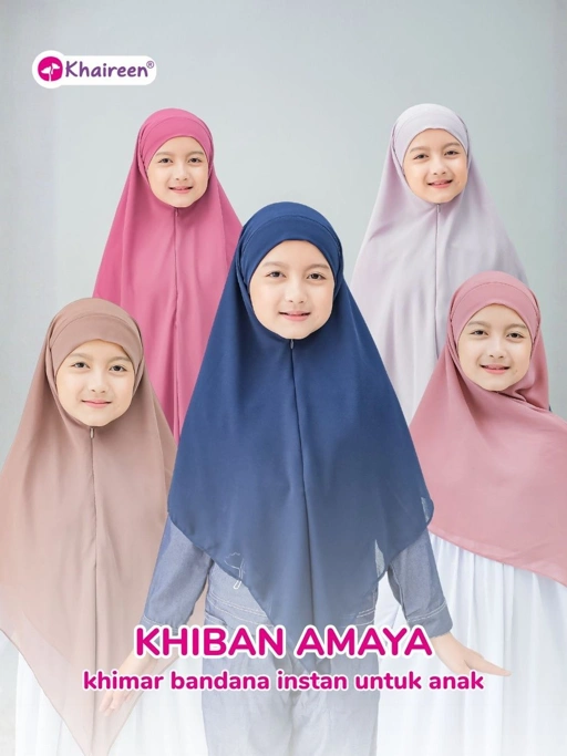 KHAIREEN Khiban Amaya (8-12 Tahun) Hijab Syari Anak Perempuan Khimar Bandana Instan Cerruti Premium Resleting Dagu Usia 8-14 tahun SD SMP