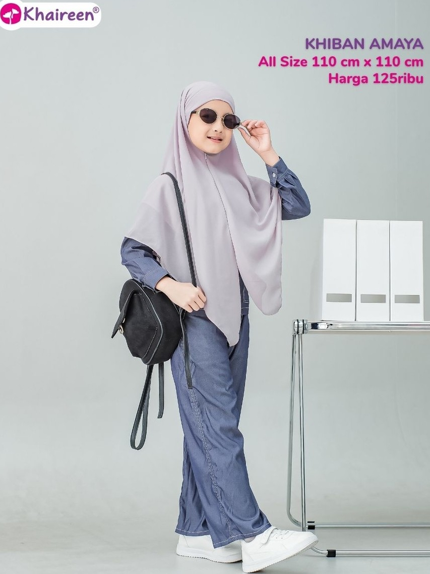 KHAIREEN Khiban Amaya (8-12 Tahun) Hijab Syari Anak Perempuan Khimar Bandana Instan Cerruti Premium Resleting Dagu Usia 8-14 tahun SD SMP