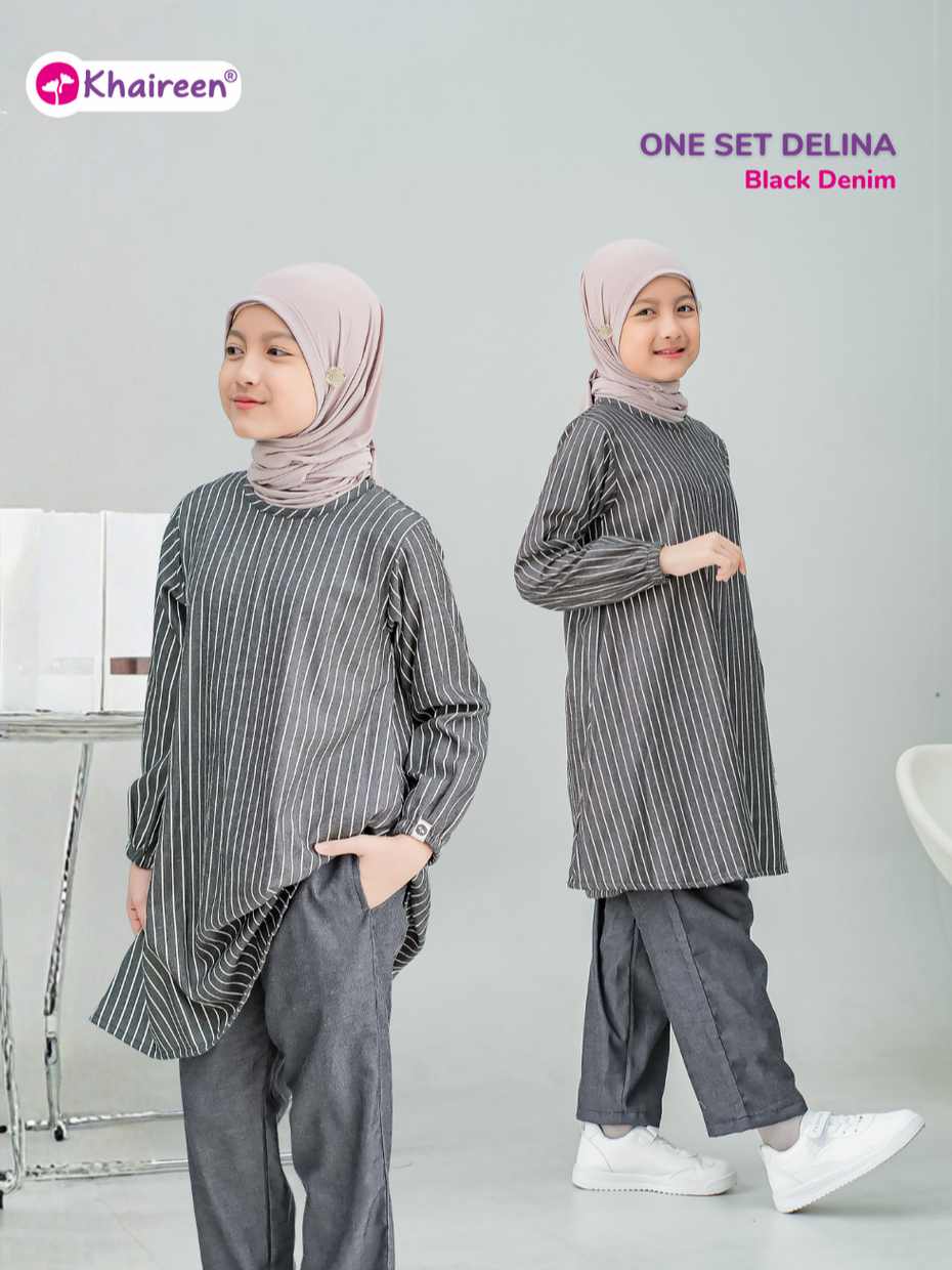 KHAIREEN One Set Delina (3-12 Tahun) Setelan Baju Muslim Celana One Set Panjang Soft Katun Denim Motif Stripe Anak Perempuan Casual Semi Jeans