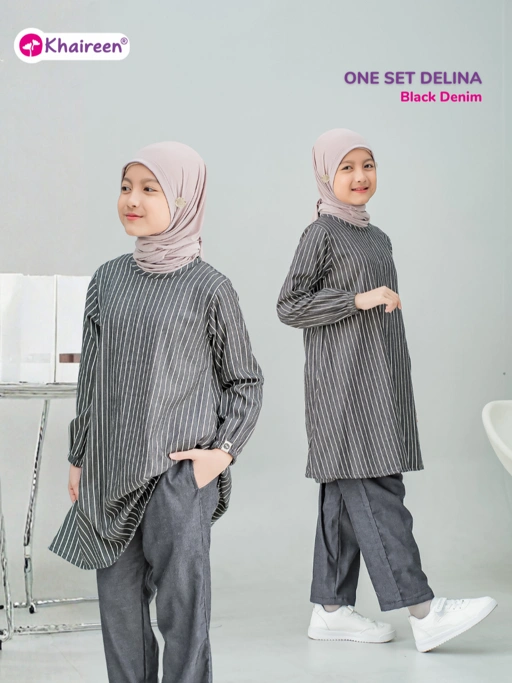 KHAIREEN One Set Delina (3-12 Tahun) Setelan Baju Muslim Celana One Set Panjang Soft Katun Denim Motif Stripe Anak Perempuan Casual Semi Jeans