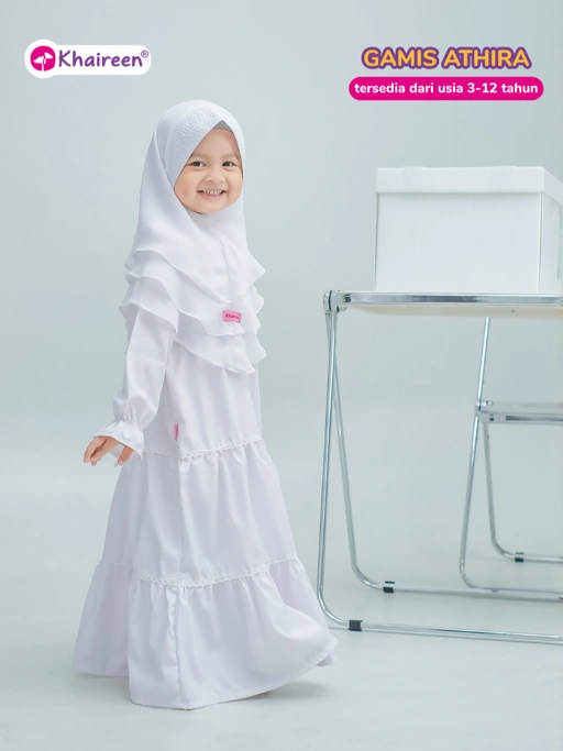 KHAIREEN Gamis Athira (3-14 Tahun) Gamis Anak Set Hijab Gamis Katun Putih Polos Sekolah Anak SD