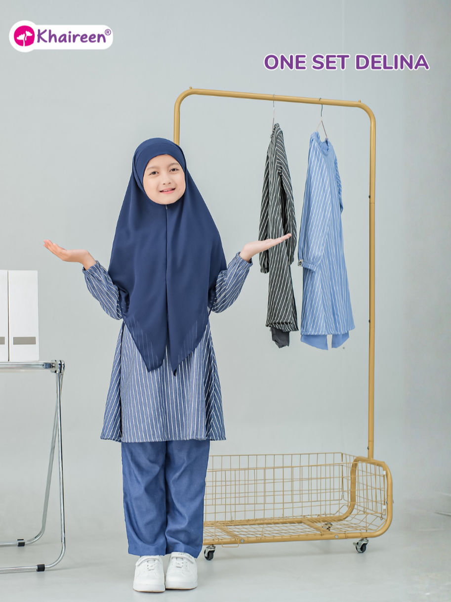 KHAIREEN One Set Delina (3-12 Tahun) Setelan Baju Muslim Celana One Set Panjang Soft Katun Denim Motif Stripe Anak Perempuan Casual Semi Jeans