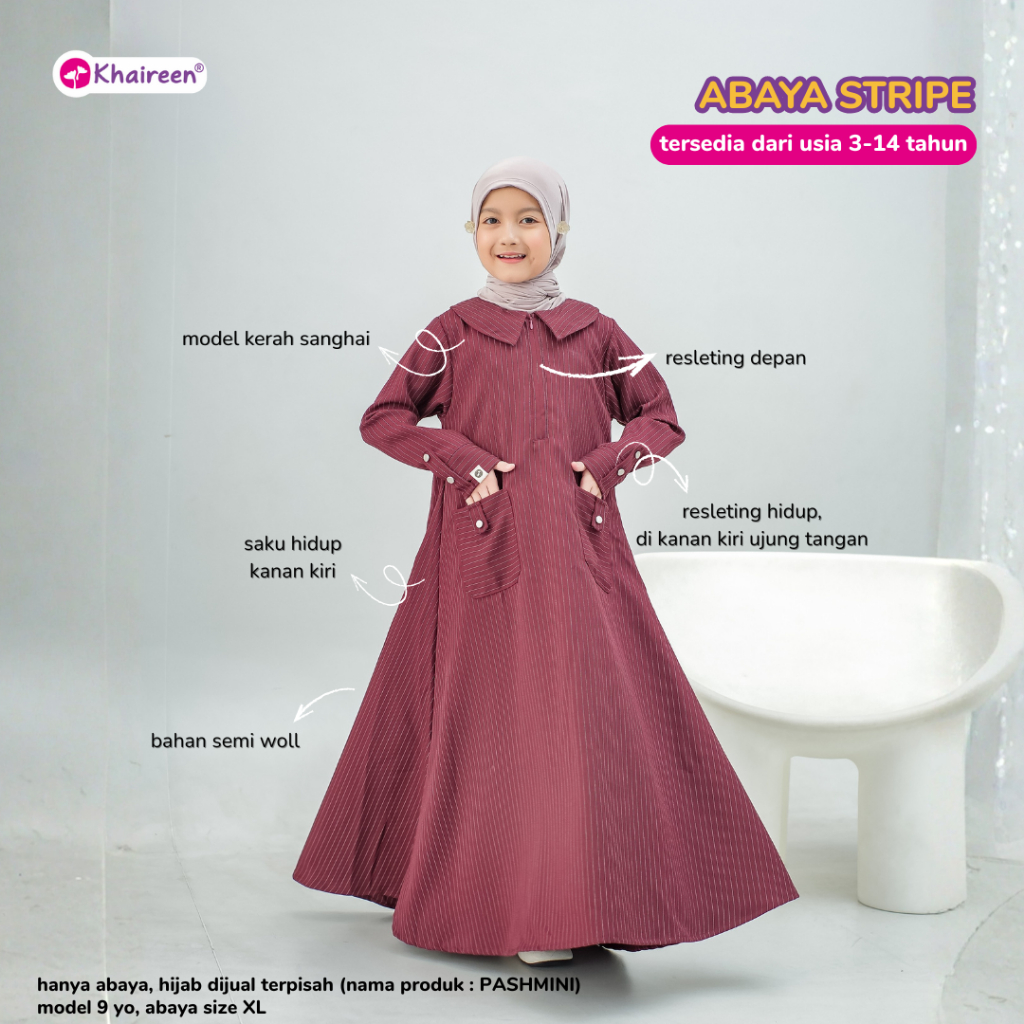 KHAIREEN Abaya Stripe Gamis Motif Anak Remaja Tanggung 3-14 tahun Syari Terbaru
