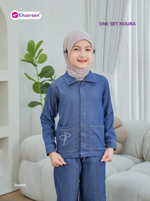 KHAIREEN One Set Noura (3-12 Tahun) Setelan Baju Muslim Panjang Celana Soft Denim Anak Perempuan Casual