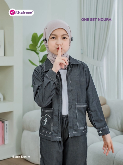 KHAIREEN One Set Noura (3-12 Tahun) Setelan Baju Muslim Panjang Celana Soft Denim Anak Perempuan Casual