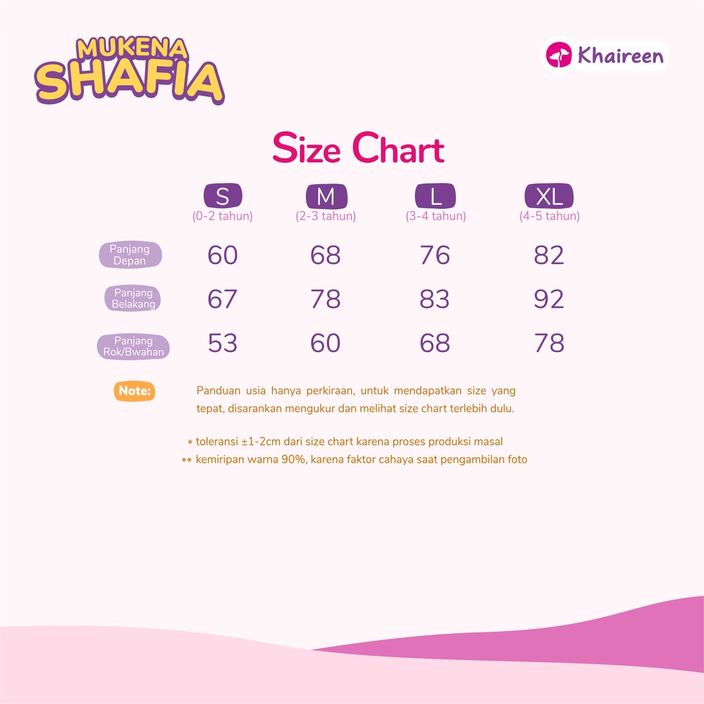 KHAIREEN Mukena Shafia (1-5 tahun) Mukena Anak Mukena Anak Katun Mukena Motif