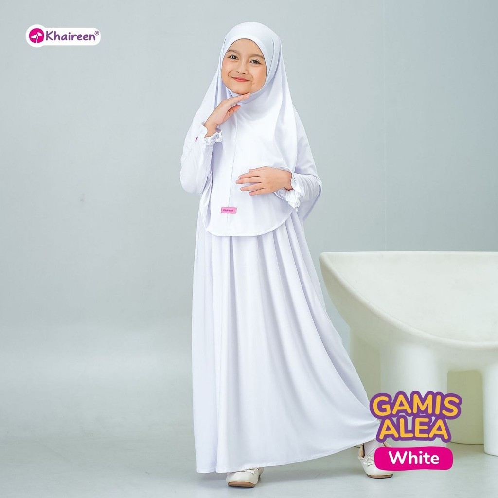 KHAIREEN Gamis Set Hijab Putih Adem Anak Sekolah (0-10 Tahun) Baju Manasik Haji Putih Anak TK Paud SD
