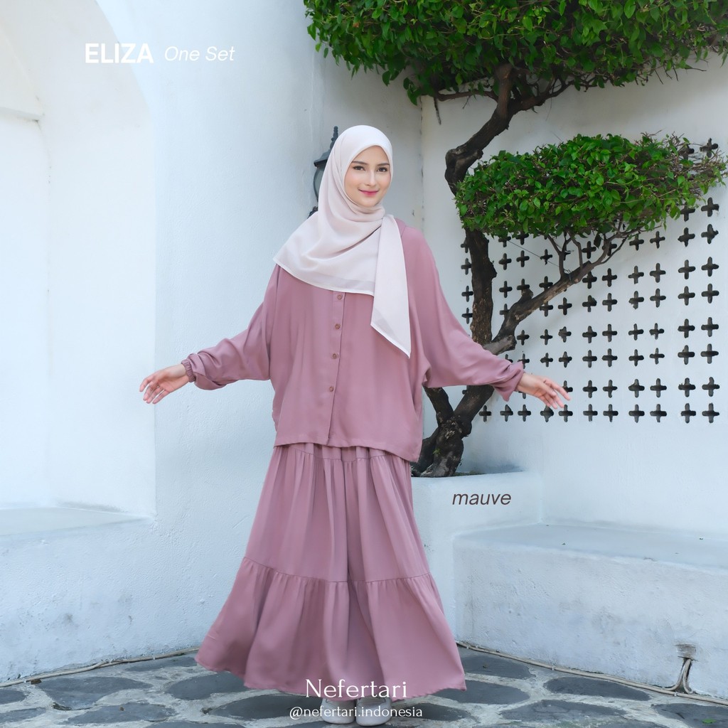 NEFERTARI One Set Eliza Gamis 2 in one Baju Setelan Rok Wanita Busui Friendly Lengan Karet Bahan Katun Rayon Twill Bahan Denim Premium Outfit Muslimah Modis Daily Wear Casual Elegan
