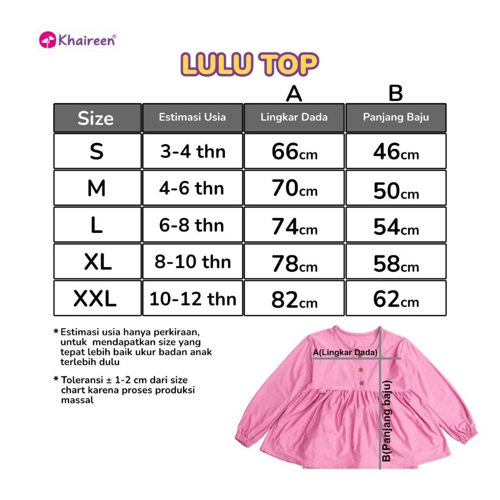 KHAIREEN Lulu Top (3-12 Tahun) Atasan Kaos Polos Rayon Spandeks Atasan Anak