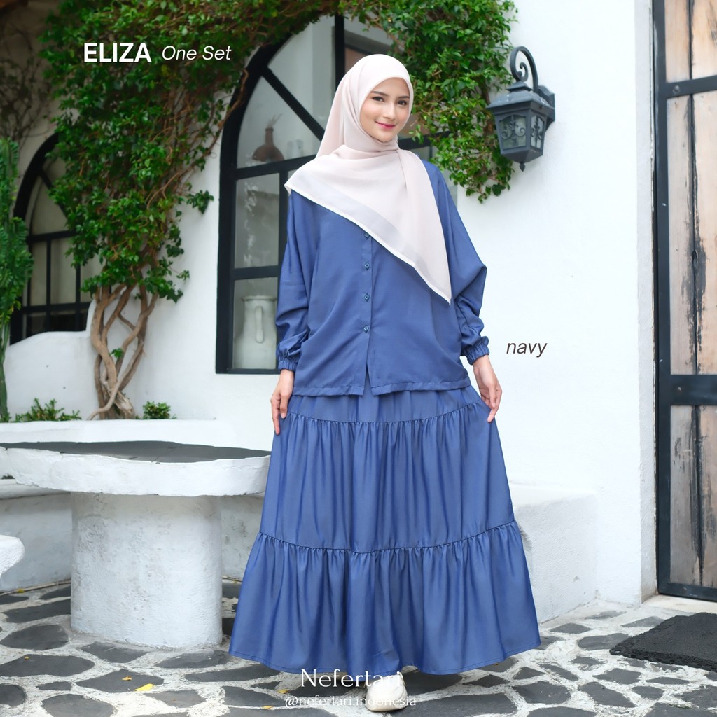 NEFERTARI One Set Eliza Gamis 2 in one Baju Setelan Rok Wanita Busui Friendly Lengan Karet Bahan Katun Rayon Twill Bahan Denim Premium Outfit Muslimah Modis Daily Wear Casual Elegan