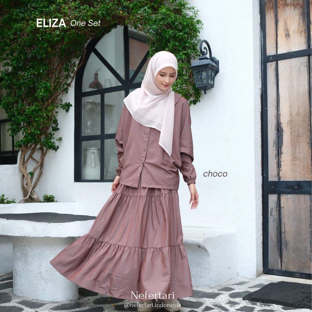 NEFERTARI One Set Eliza Gamis 2 in one Baju Setelan Rok Wanita Busui Friendly Lengan Karet Bahan Katun Rayon Twill Bahan Denim Premium Outfit Muslimah Modis Daily Wear Casual Elegan