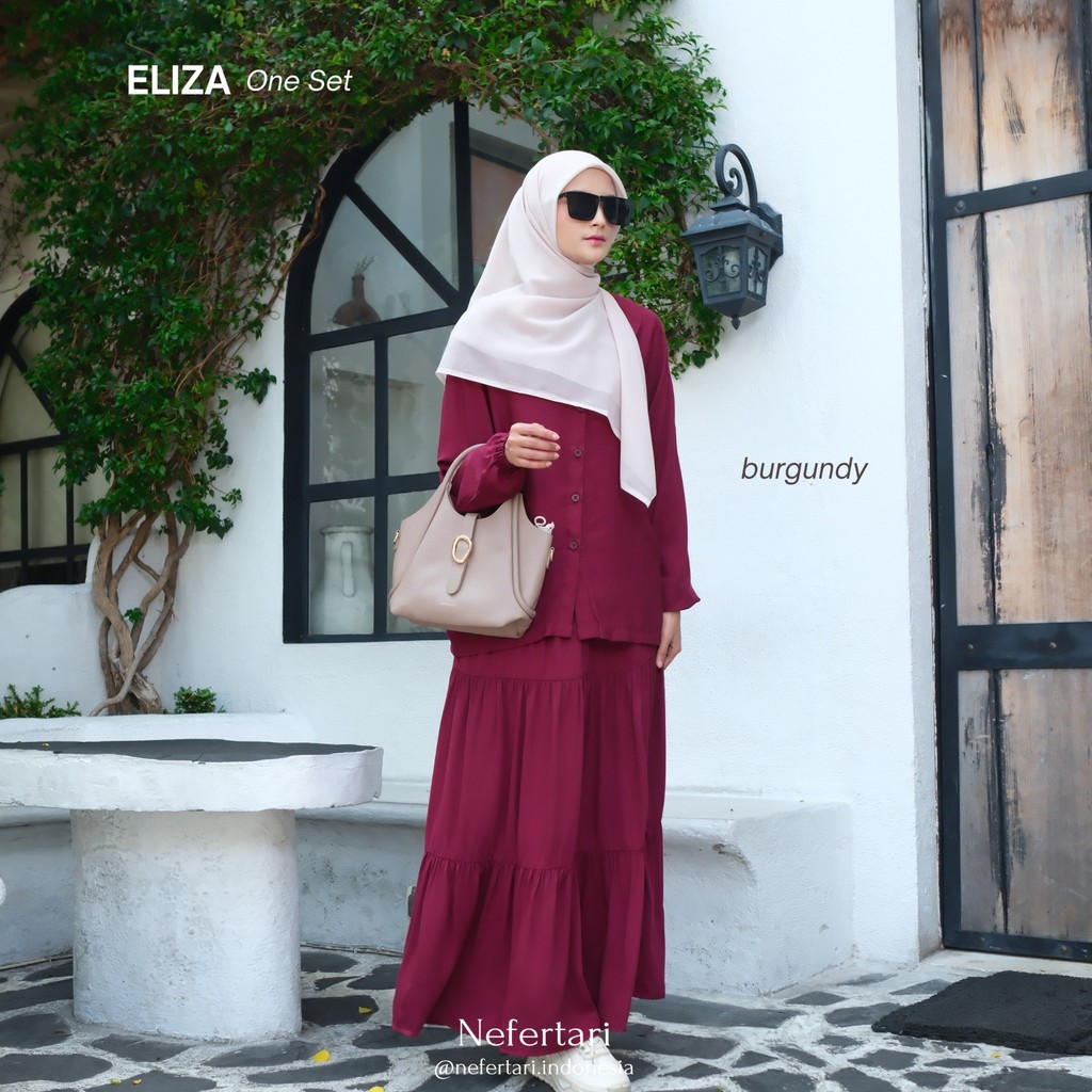 NEFERTARI One Set Eliza Gamis 2 in one Baju Setelan Rok Wanita Busui Friendly Lengan Karet Bahan Katun Rayon Twill Bahan Denim Premium Outfit Muslimah Modis Daily Wear Casual Elegan