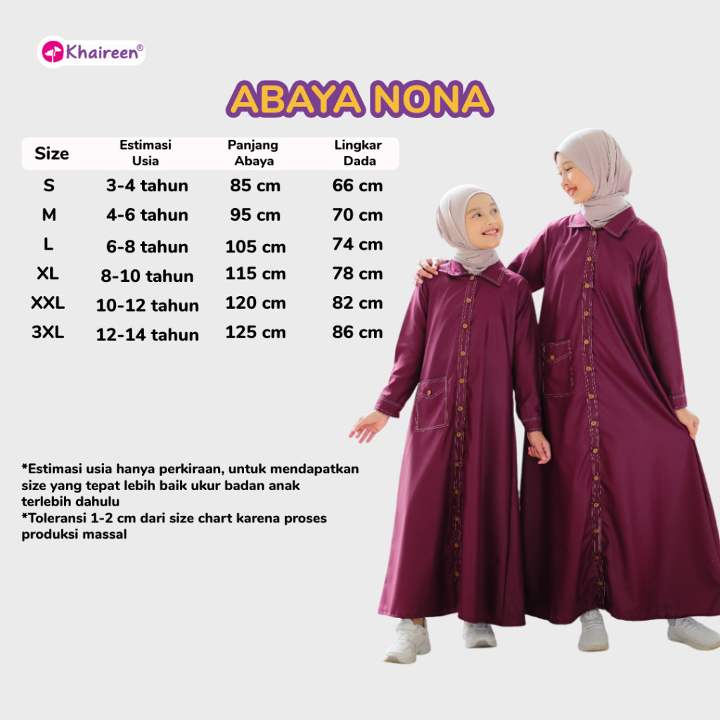 KHAIREEN Abaya Nona Gamis Katun Toyobo Polos Anak Remaja Tanggung 3-14 tahun Syari Terbaru