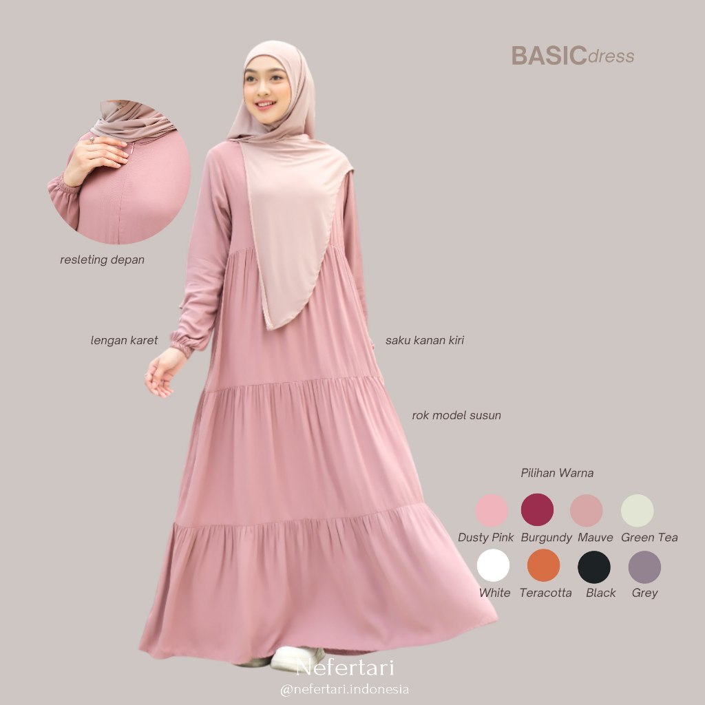 NEFERTARI Basic Dress Gamis Katun Rayon Twill Dewasa Dress Panjang Remaja