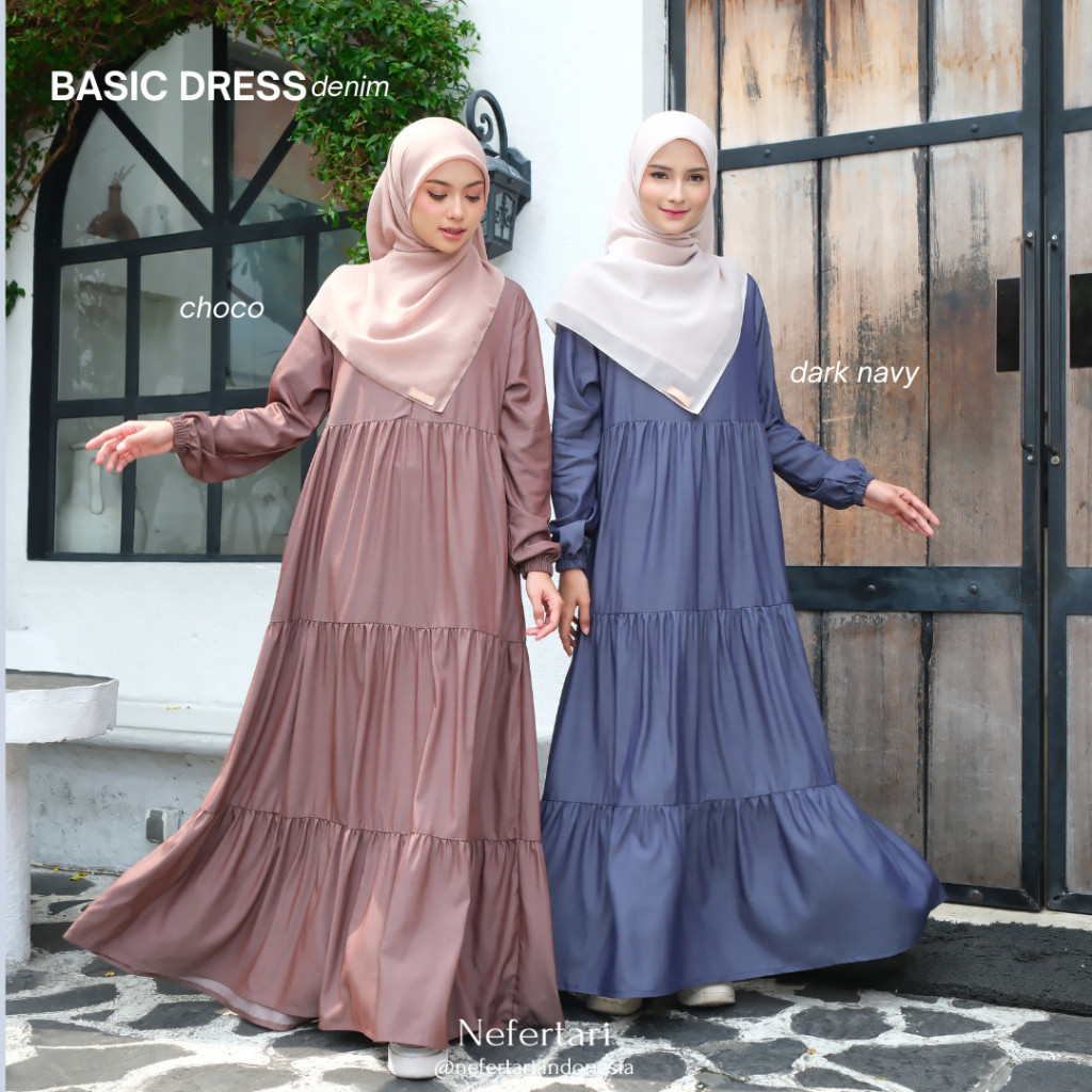 NEFERTARI Basic Dress Denim Gamis Katun Denim Dewasa Abaya Simple Panjang Busui Remaja
