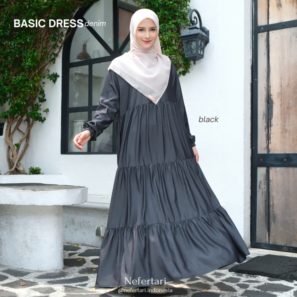 NEFERTARI Basic Dress Denim Gamis Katun Denim Dewasa Abaya Simple Panjang Busui Remaja