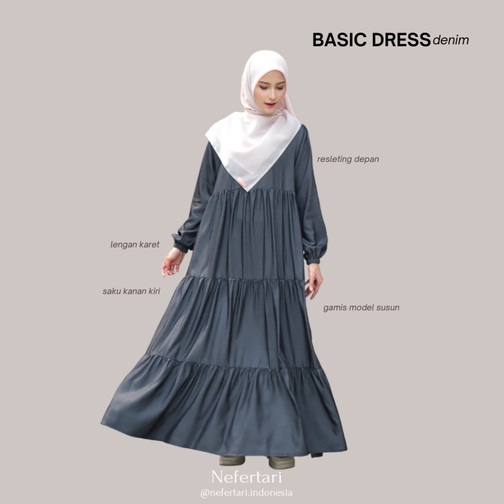NEFERTARI Basic Dress Denim Gamis Katun Denim Dewasa Abaya Simple Panjang Busui Remaja