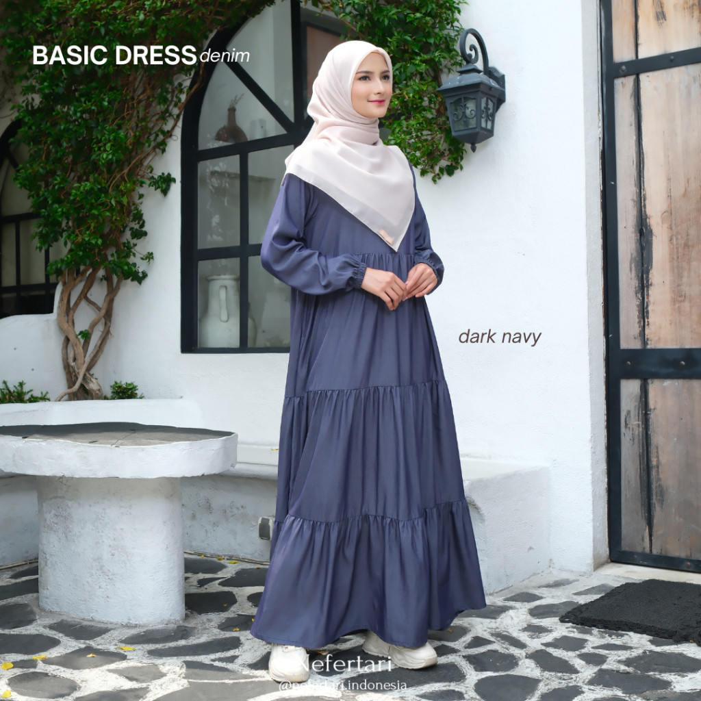 NEFERTARI Basic Dress Denim Gamis Katun Denim Dewasa Abaya Simple Panjang Busui Remaja