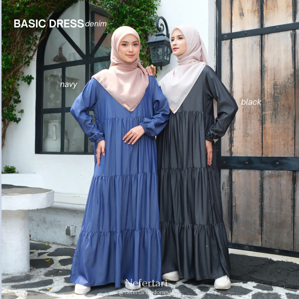 NEFERTARI Basic Dress Denim Gamis Katun Denim Dewasa Abaya Simple Panjang Busui Remaja